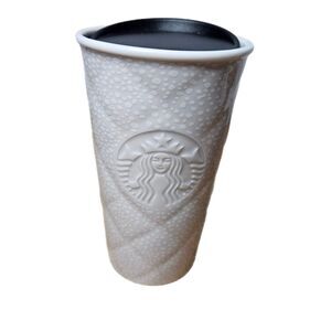 Starbucks 2016 Quilted Ivory White Speckled Siren Ceramic Tumbler Travel Mug